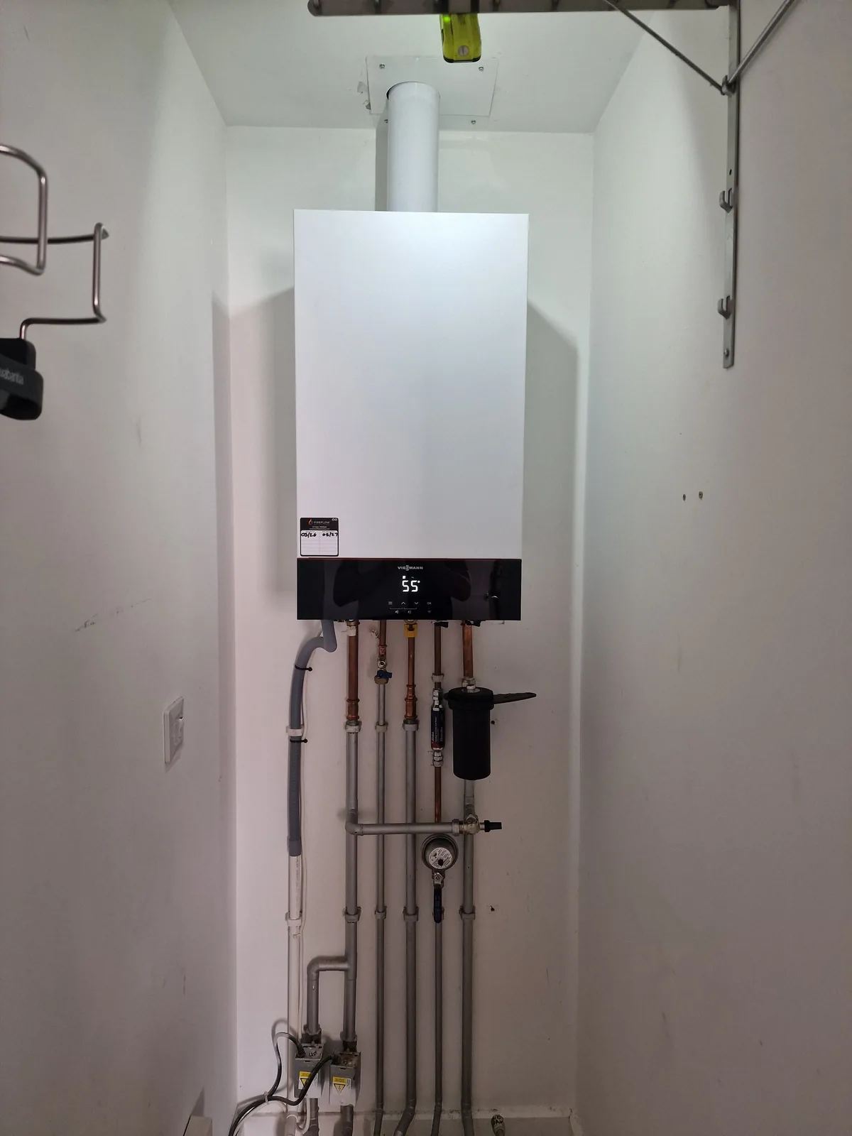 Close-up of the new Viessmann combi pipework and magnetic system filter